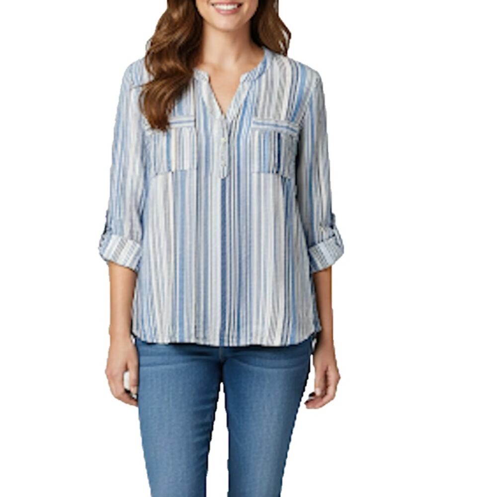 Croft & Barrow Blue Stripe Linen Blend Henley Top Roll Tab Coastal Grandma Large